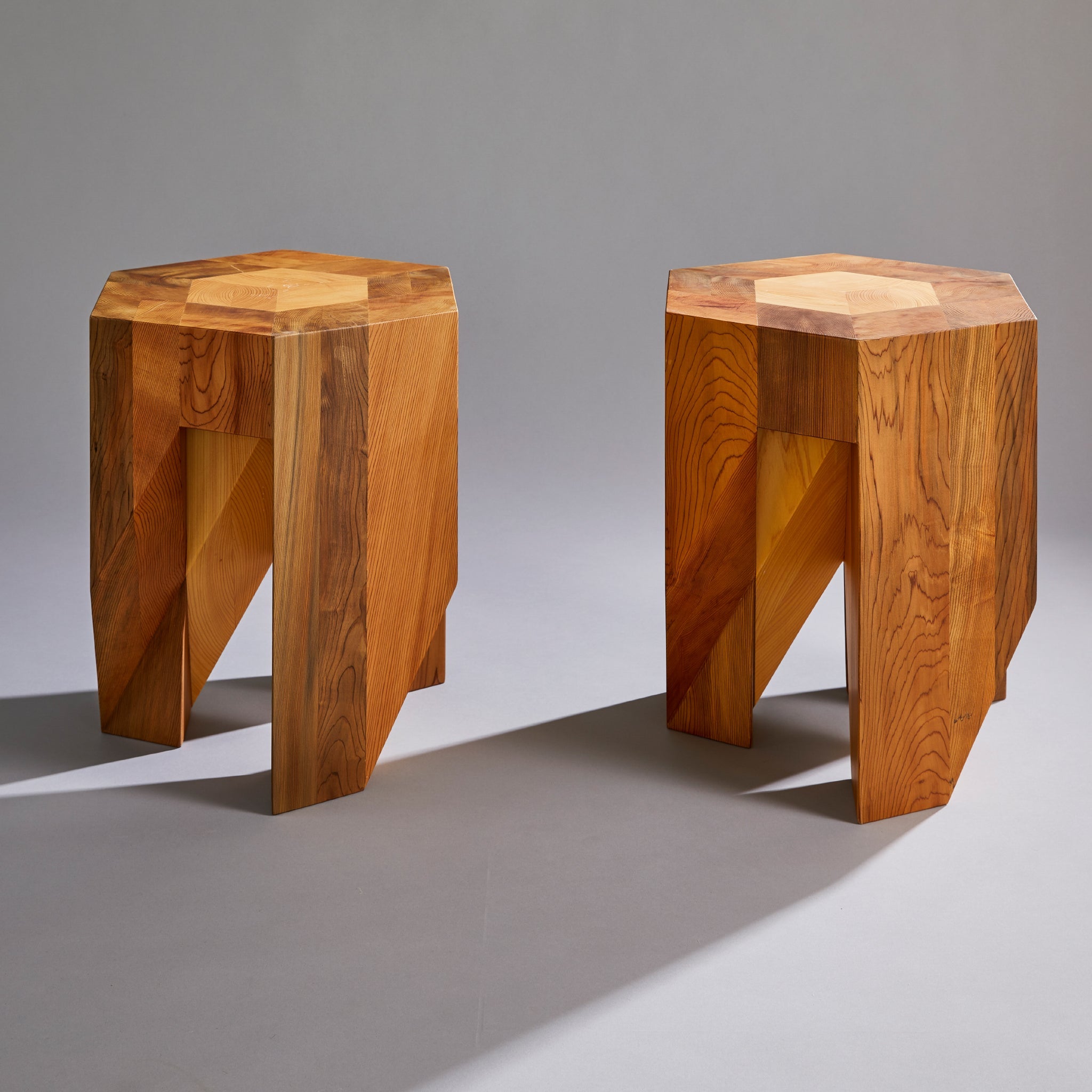 Yosegi Pair Stool - Jindai Cedar Edition -Furniture-Yoshiaki Ito Design japanese furniture style One Front One rotate